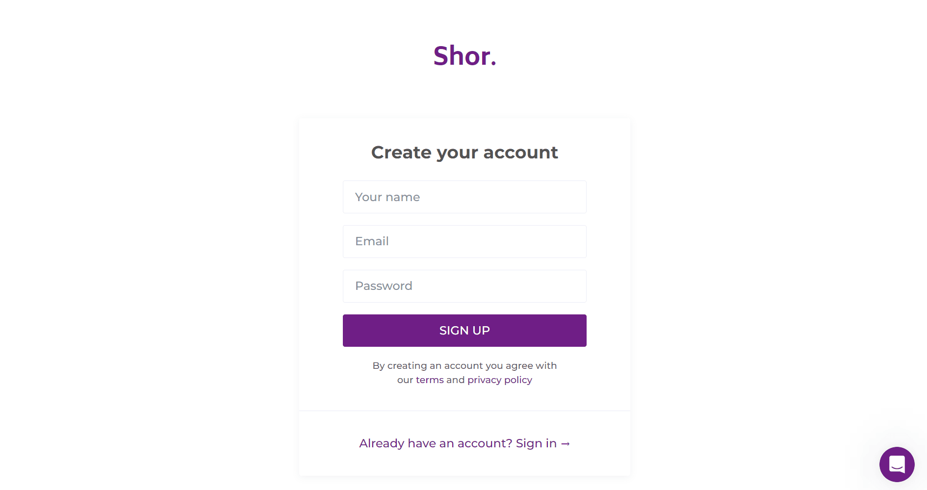 Shor's login page