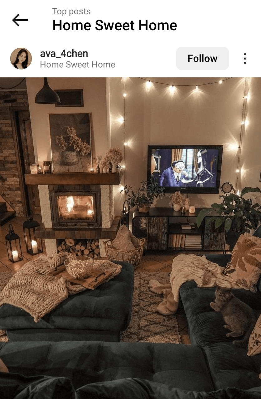 Instagram post with the geotag 'Home Sweet Home' including a picture of a cozy living room.