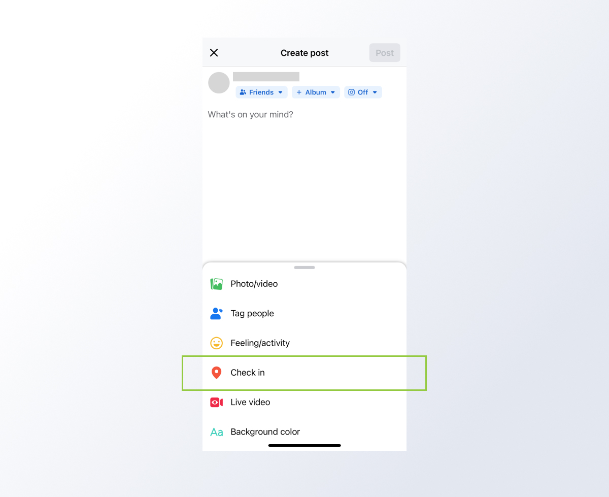 Screenshot of the check-in feature on Facebook.