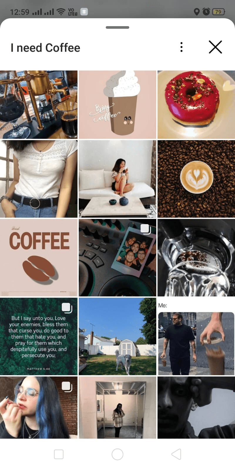 Instagram screenshot of the search results for the geotag 'I need coffee'.