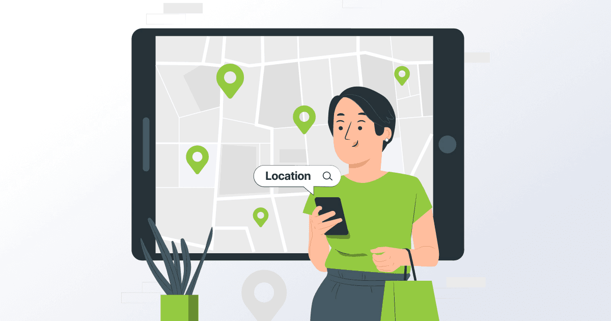 Cartoon drawing of a woman searching for funny instagram locations on her phone.