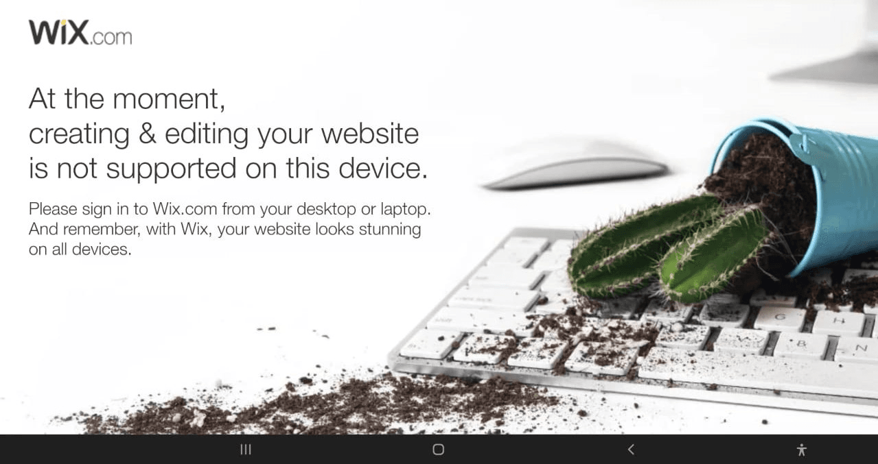 Image of mobile site creation and editing being unsupported on Wix.