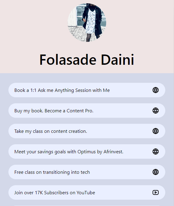 Image of Folasade Daini's landing page.