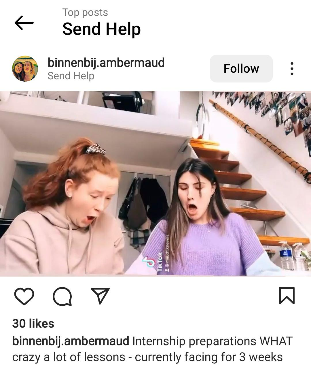 Screenshot of an Instagram post with the image of two stressed women with the geotag Send Help.