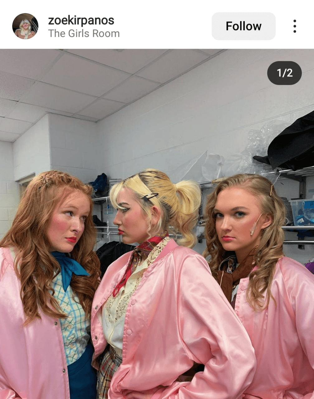 Funny Instagram post from zoekirpanos of three women in pink jackets with the geotag for 'The Girls Rooms'.