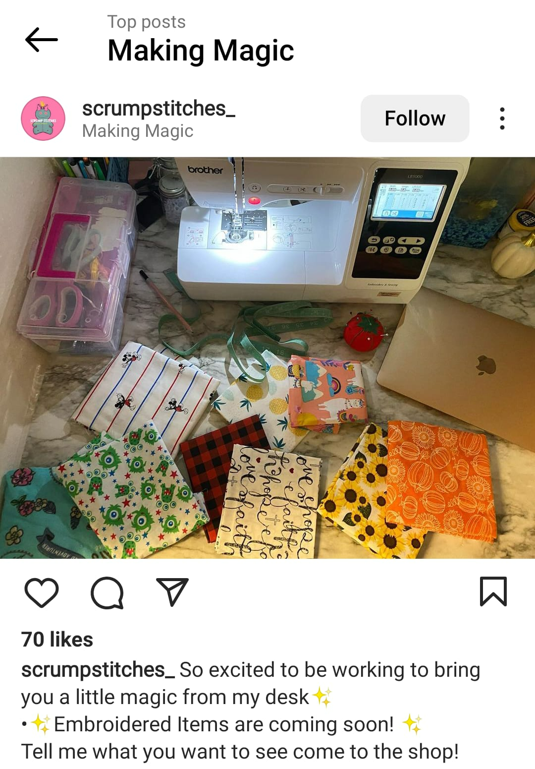 Instagram post from scrumpstitches_ of an embroidery project with the geotag 'Making Magic'.