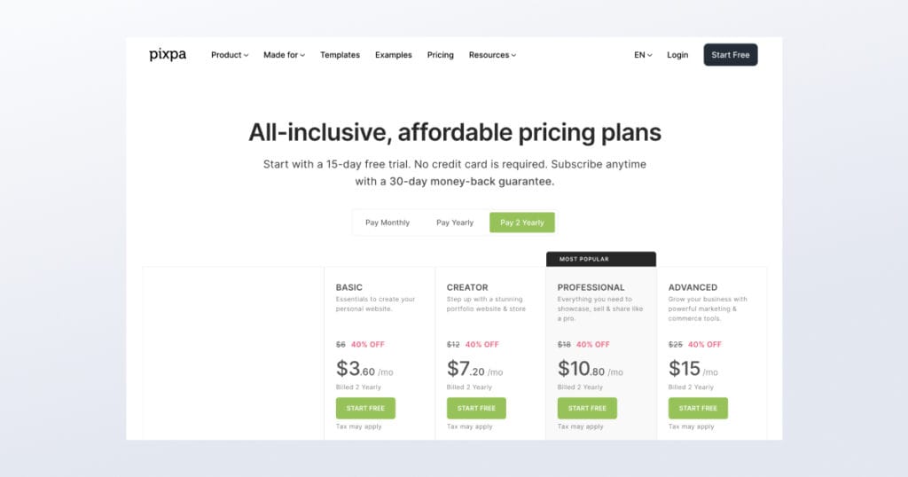 pixpa pricing - popular website builder