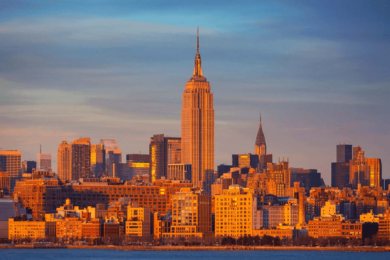 Empire State Building skyline with tall buildings and water