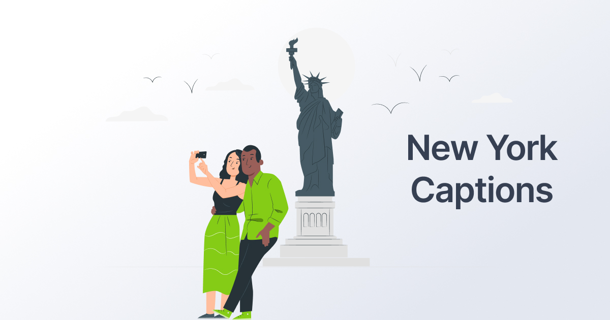 New York Captions: A couple doing a selfie with the Statue of Liberty behind them in New York