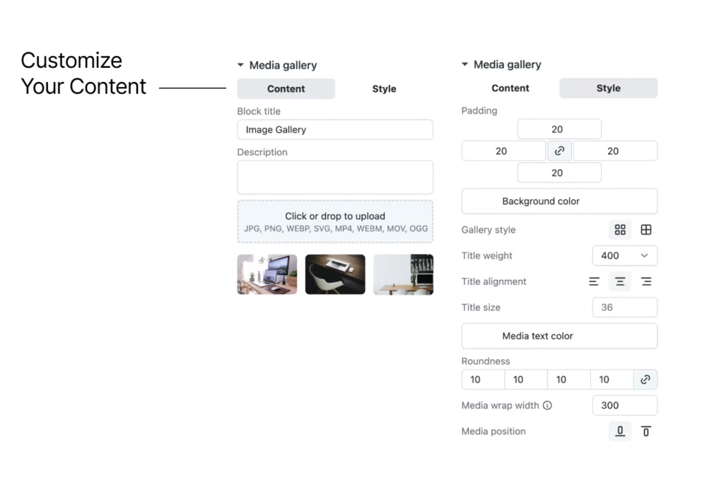 Two Limey blocks side by side. Illustrating that on one Limey block you can select the Content tab, while on another Limey block, you can have the Style tab selected.