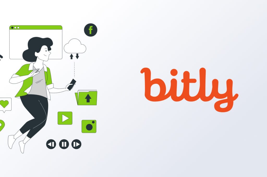 A cartoon of a person holding a phone next to Bitly's logo