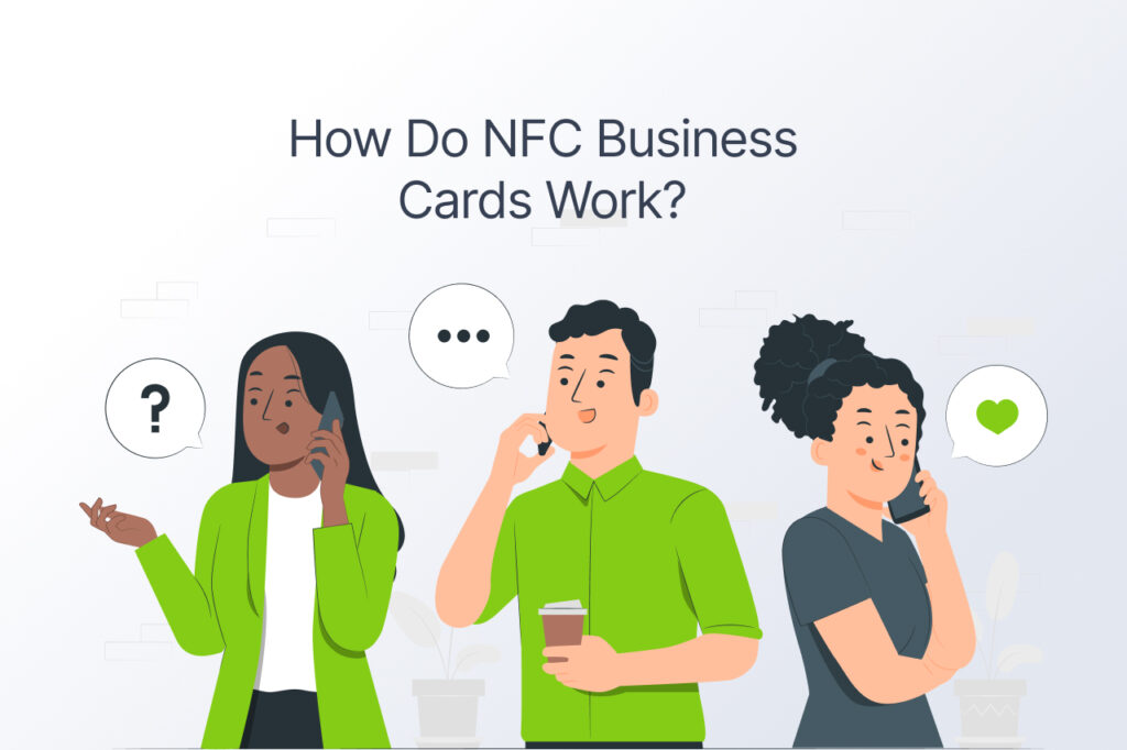 Three people contemplating NFC business cards, with speech bubbles and question marks above them.