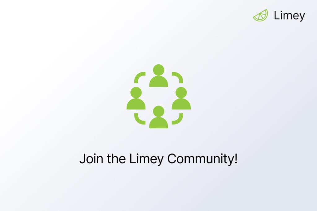 Green icon of people connected in a circle, with "Join the Limey Community!" text beneath it and Limey logo in the corner.